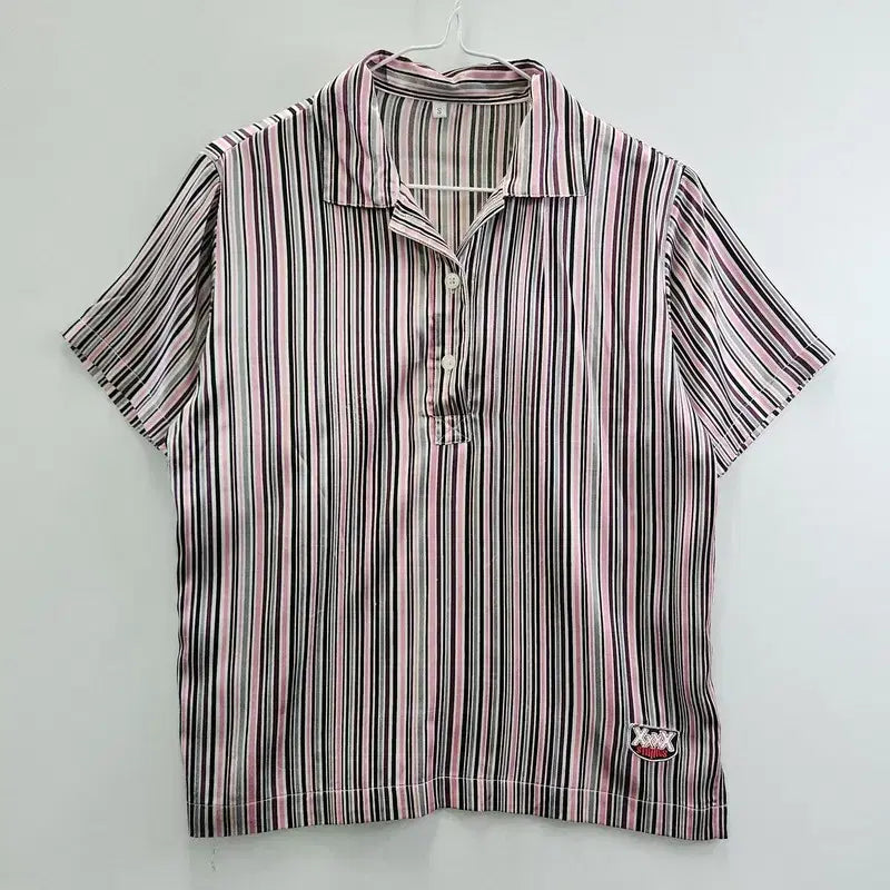 [BUNJANG] Vintage Y2K Pink Purple Striped Satin Shirt / 빈티지 Y2K 펑크 핑크퍼플 새틴 스트라이프 셔츠
