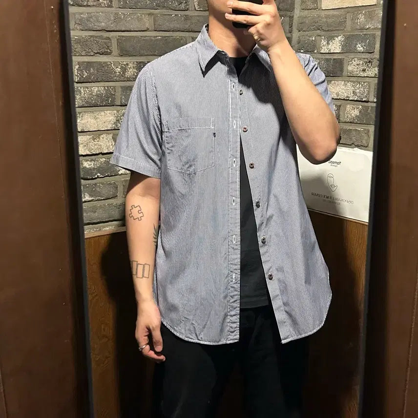 [BUNJANG] Polo Jeans Stripe One-Pocket Short Sleeve Shirt / L) 폴로 진스 스트라이프 원포켓 반팔 셔츠