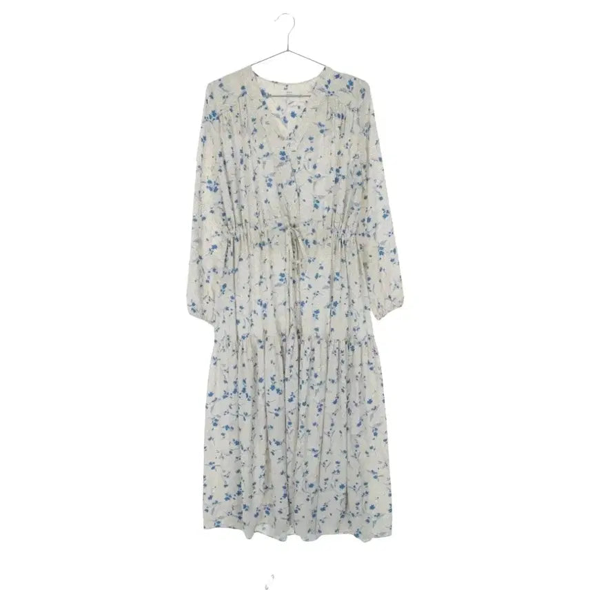[BUNJANG] Floral Print Long Ivory Dress / 아이보리 바탕 파란꽃 롱 원피스