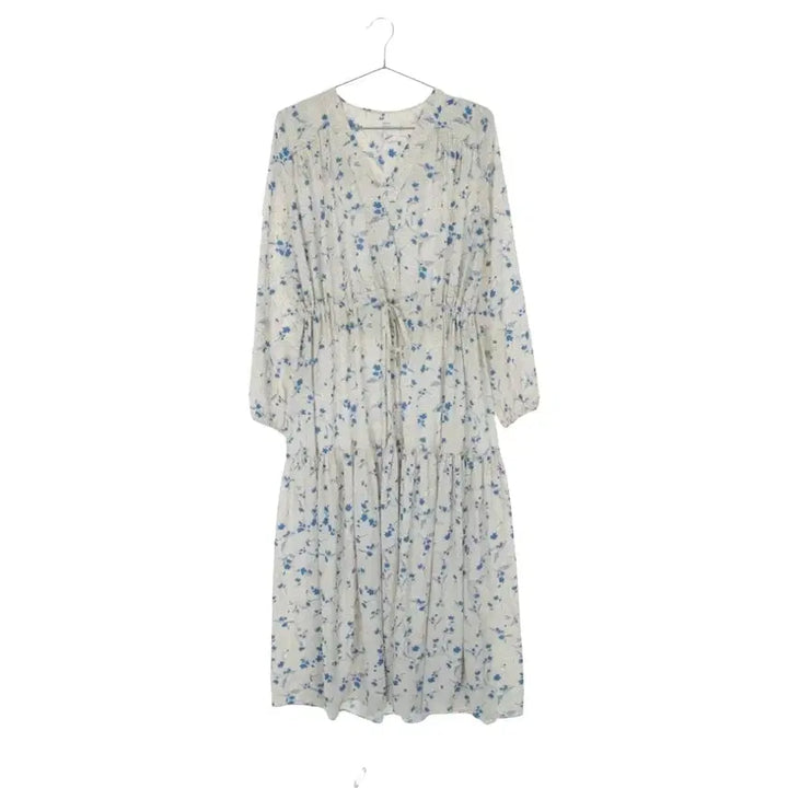 [BUNJANG] Floral Print Long Ivory Dress / 아이보리 바탕 파란꽃 롱 원피스