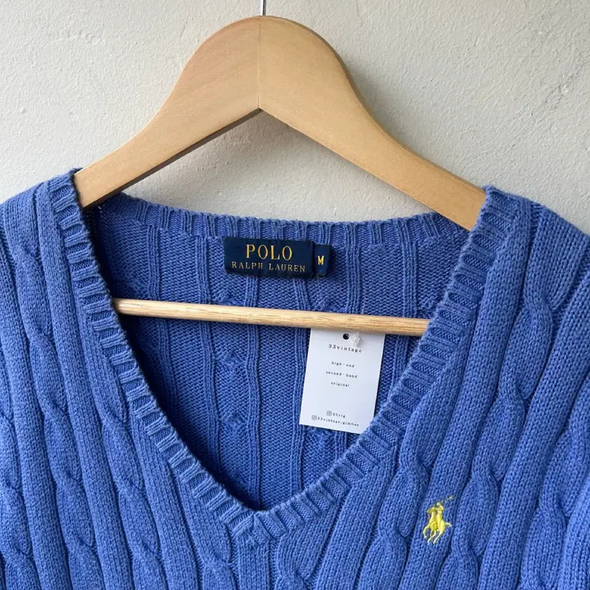 [BUNJANG] Polo Ralph Lauren Sky Blue Cable V-neck Knit Sweater / 16263 - 폴로 랄프로렌 스카이블루 케이블 브이넥 니트