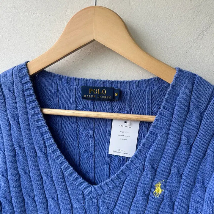 [BUNJANG] Polo Ralph Lauren Sky Blue Cable V-neck Knit Sweater / 16263 - 폴로 랄프로렌 스카이블루 케이블 브이넥 니트