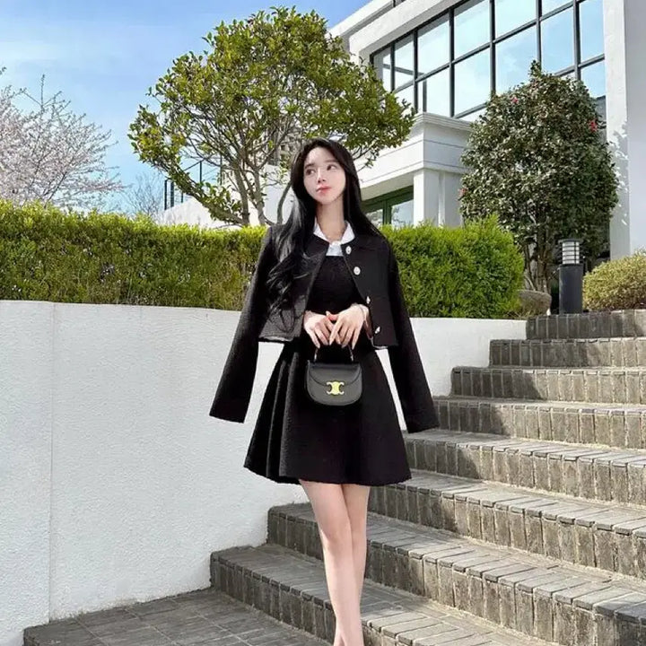[BUNJANG] Mayyun Black Spring Tweed Jacket &amp; Skirt Set / 새상품 메이윤 블랙 스프링 트위드 자켓 스커트 셋업 자켓XL/원피스L