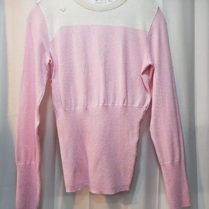 [BUNJANG] Descente Pink Color Block Knit Long Sleeve T-shirt / 데상트 핑크 배색 니트 긴팔티