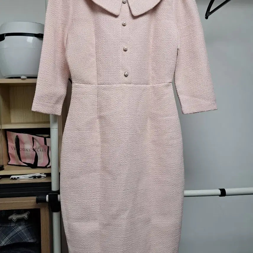[BUNJANG] La belle rose Pink Tweed Pearl Button Collar Dress / 핑크 트위드 진주 버튼 카라 원피스 La belle rose 핑크 트위드