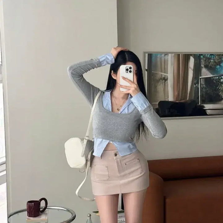 [BUNJANG] Flirting Layered Shirt - Gray / 플러팅 셔츠 티셔츠(그레이1장 바로배송)