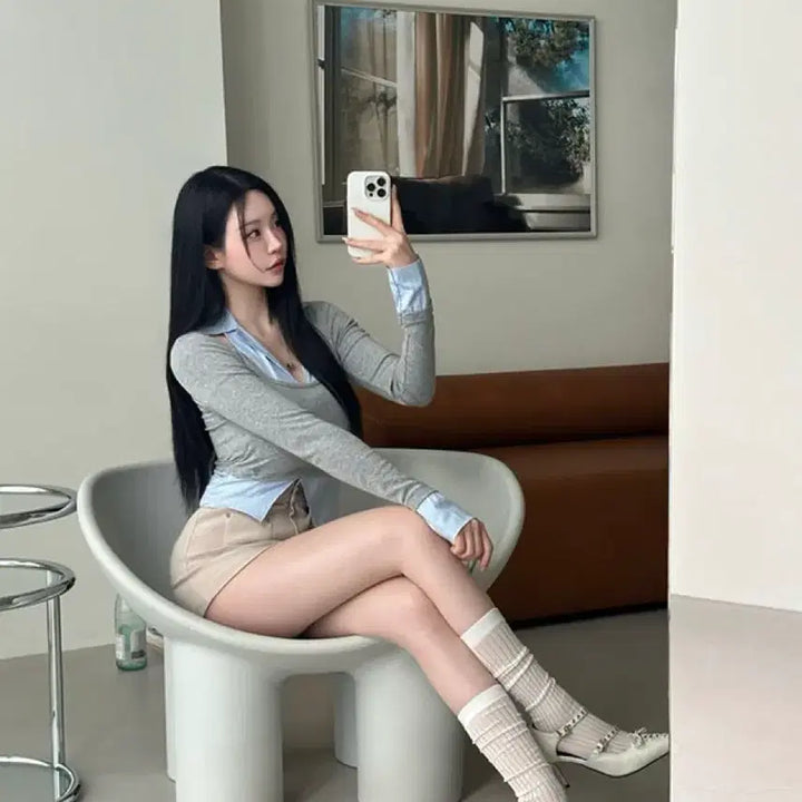 [BUNJANG] Flirting Layered Shirt - Gray / 플러팅 셔츠 티셔츠(그레이1장 바로배송)