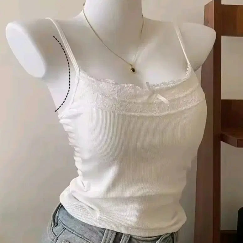 [BUNJANG] White Ribbon Lace Camisole Tank Top / [새상품/바로발송] 화이트 리본 레이스 나시 이너 캡내장