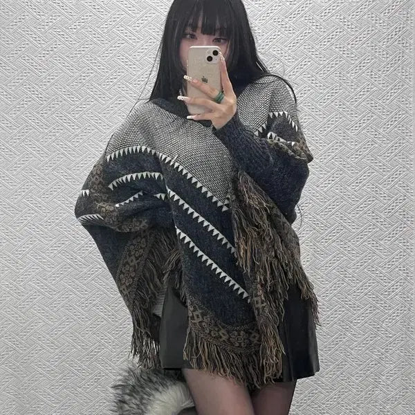[BUNJANG] Vintage Bohemian Crochet Cape Poncho Knit / 빈티지 히피 보헤미안 뜨개 망토 판초 니트 115 C09809