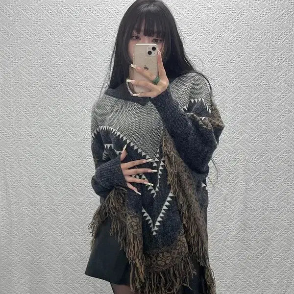 [BUNJANG] Vintage Bohemian Crochet Cape Poncho Knit / 빈티지 히피 보헤미안 뜨개 망토 판초 니트 115 C09809