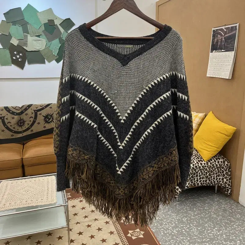 [BUNJANG] Vintage Bohemian Crochet Cape Poncho Knit / 빈티지 히피 보헤미안 뜨개 망토 판초 니트 115 C09809