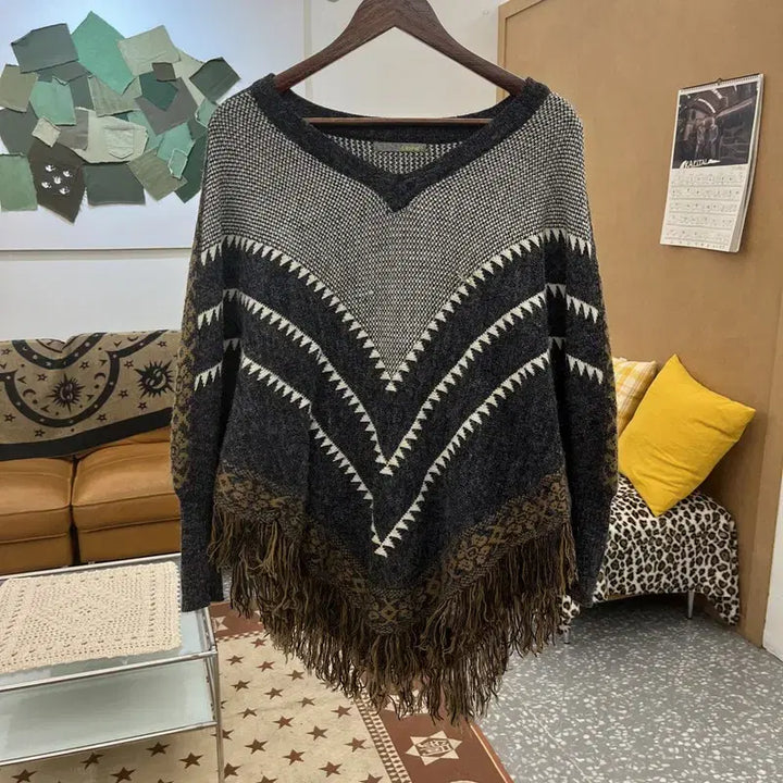 [BUNJANG] Vintage Bohemian Crochet Cape Poncho Knit / 빈티지 히피 보헤미안 뜨개 망토 판초 니트 115 C09809