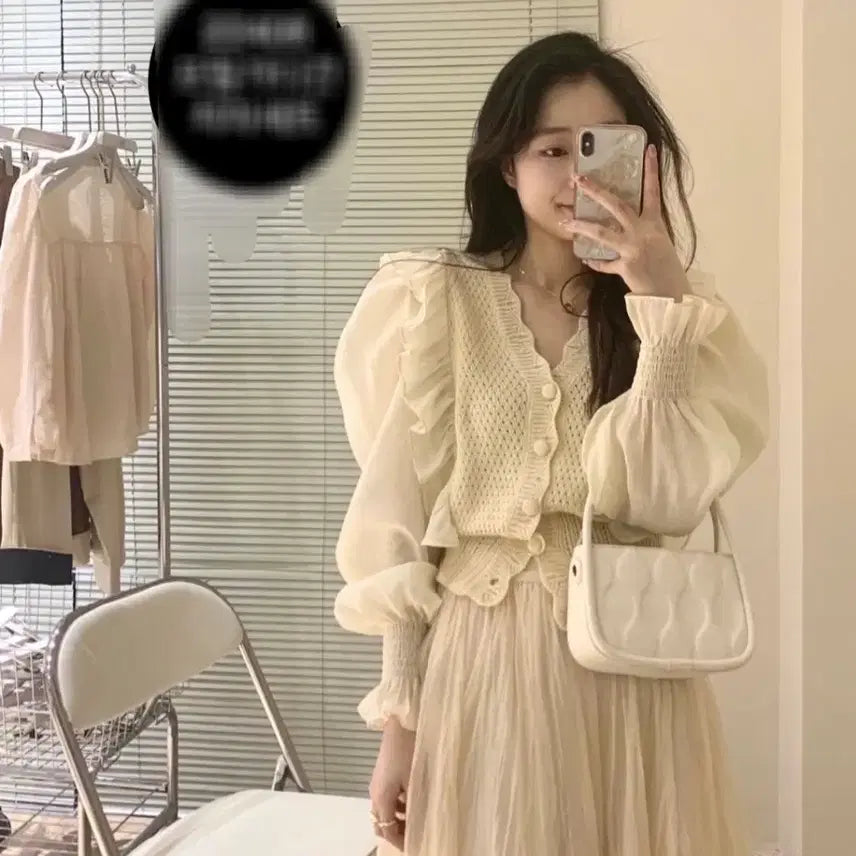 [BUNJANG] Ivory Puff Sleeve Blouse Knit Cardigan Skirt Set / 아이보리 퍼프 니트 가디건 스커트 세트