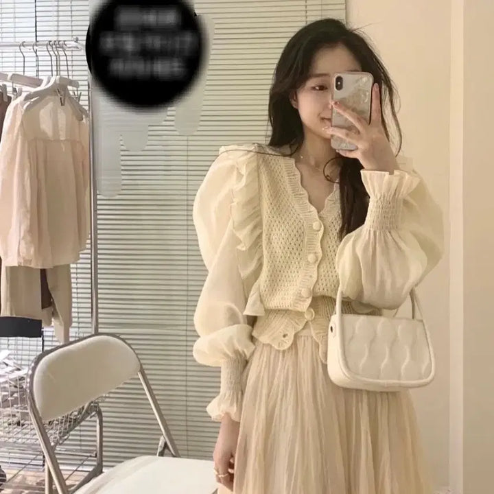 [BUNJANG] Ivory Puff Sleeve Blouse Knit Cardigan Skirt Set / 아이보리 퍼프 니트 가디건 스커트 세트