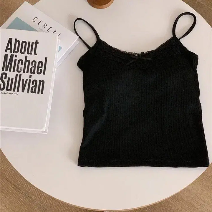 [BUNJANG] Ribbon Lace Camisole Tank Top / [새상품/바로발송] 내장캡 리본 레이스 나시 4컬러