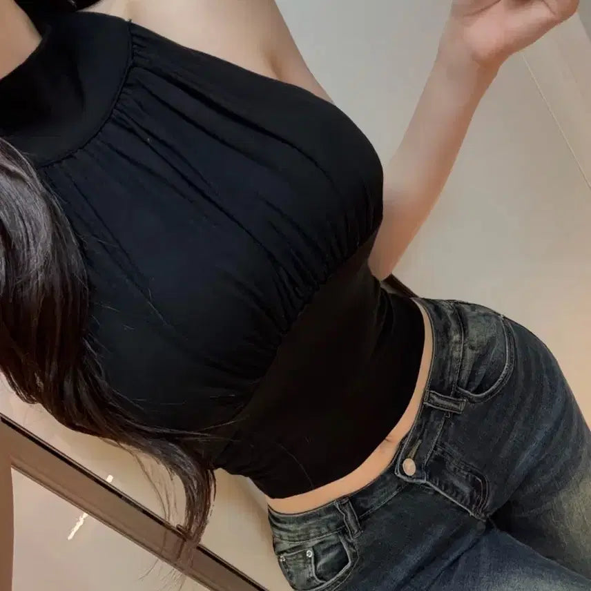 [BUNJANG] Angel Shirring Cap Halter Neck Slim Fit Top / [무료배송](새상품) 엔젤셔링캡내장티 뒷트임홀터넥슬림글램핏교환환불불가