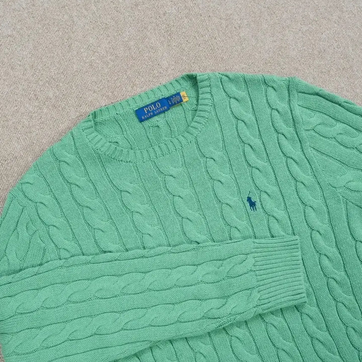 [BUNJANG] Polo Ralph Lauren Cable Knit Sweater Light Green L / 폴로 랄프로렌 꽈배기 케이블 니트 스웨터 연그린 L(105)