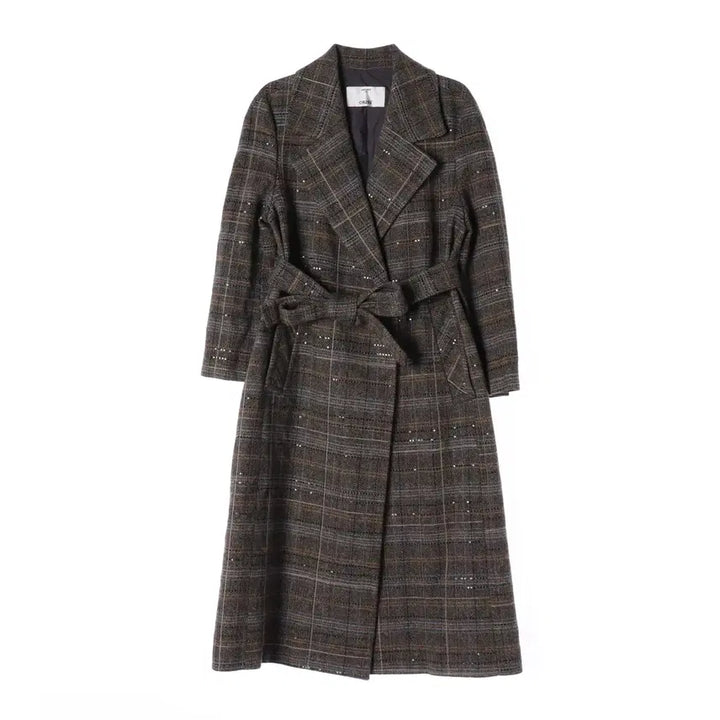 [BUNJANG] Obze 21FW Check Wool Belted Long Coat / 오브제 21FW 체크 울 100% 벨티드 롱 코트