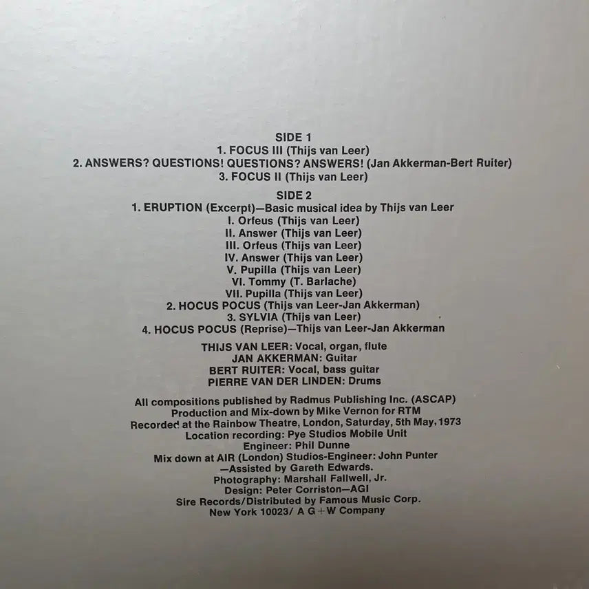 [BUNJANG] Focus Live at The Rainbow LP 1973 Vinyl Record / FOCUS LIVE AT THE RAINBOW LP 1973 수입반