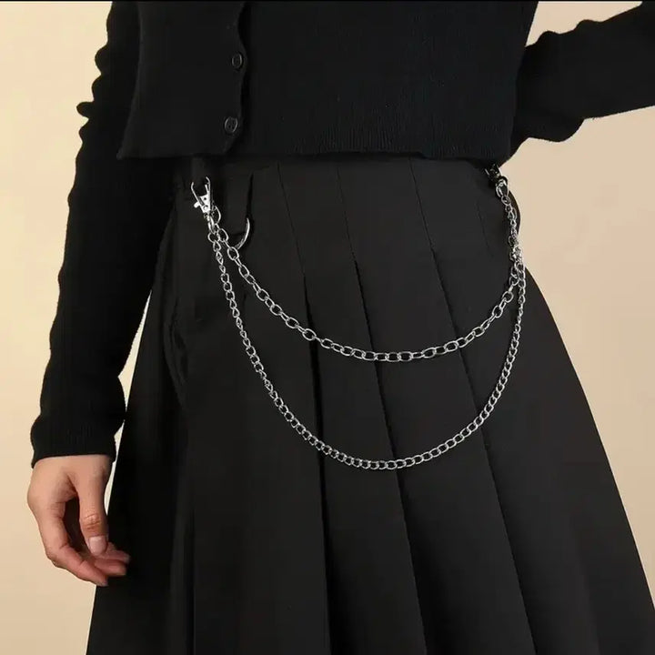 [BUNJANG] Black Pleated Skirt with Chain Belt / 남 녀 블랙 플리츠 스커트  체인 벨트