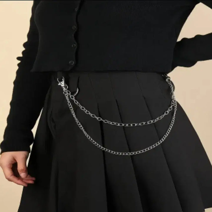 [BUNJANG] Black Pleated Skirt with Chain Belt / 남 녀 블랙 플리츠 스커트  체인 벨트