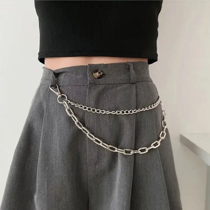 [BUNJANG] Black Pleated Skirt with Chain Belt / 남 녀 블랙 플리츠 스커트  체인 벨트