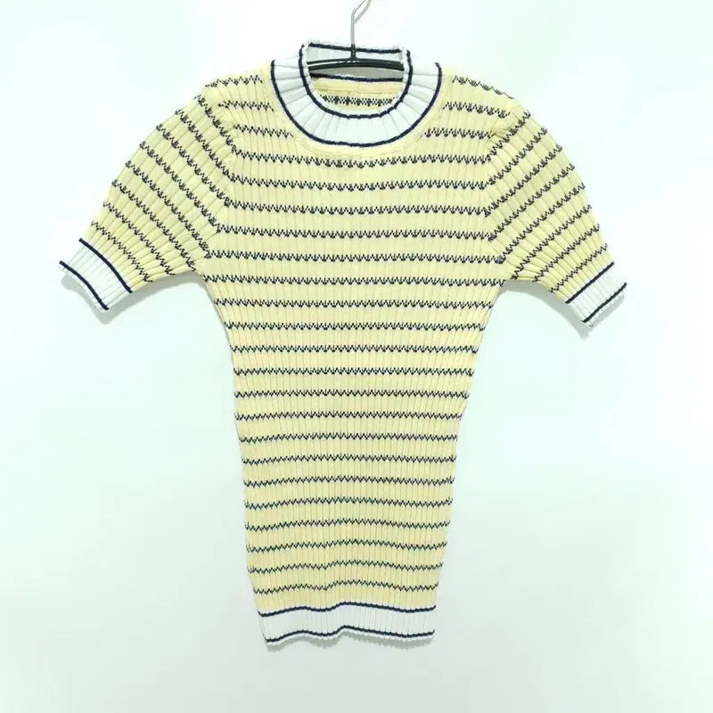 [BUNJANG] Striped Ribbed Short Sleeve Knit Top / 스트라이프 골지 반팔 니트 F_S1756