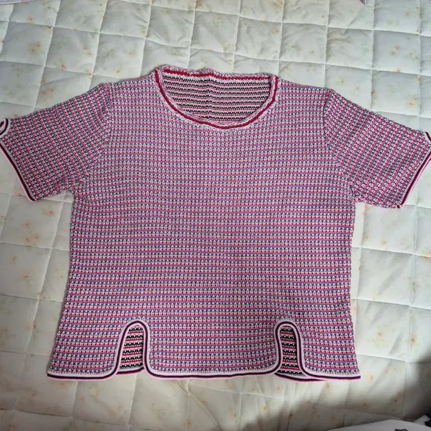 [BUNJANG] Pink Red Pattern Knit Short Sleeve T-shirt / 니트 반팔 티셔츠 핑크 레드 패턴