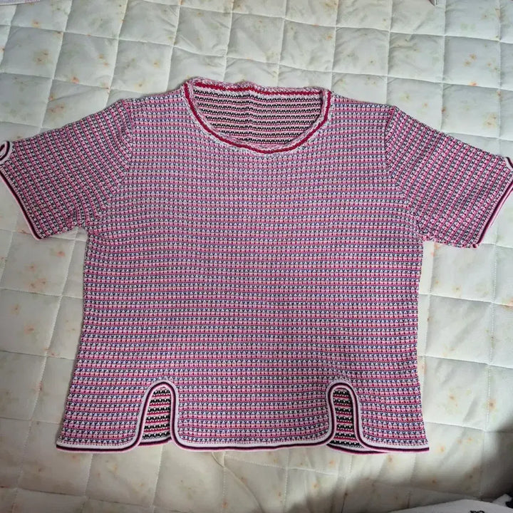 [BUNJANG] Pink Red Pattern Knit Short Sleeve T-shirt / 니트 반팔 티셔츠 핑크 레드 패턴