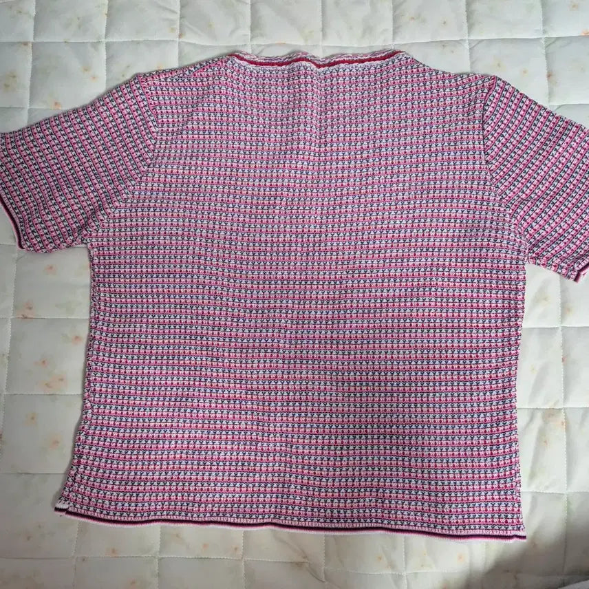 [BUNJANG] Pink Red Pattern Knit Short Sleeve T-shirt / 니트 반팔 티셔츠 핑크 레드 패턴