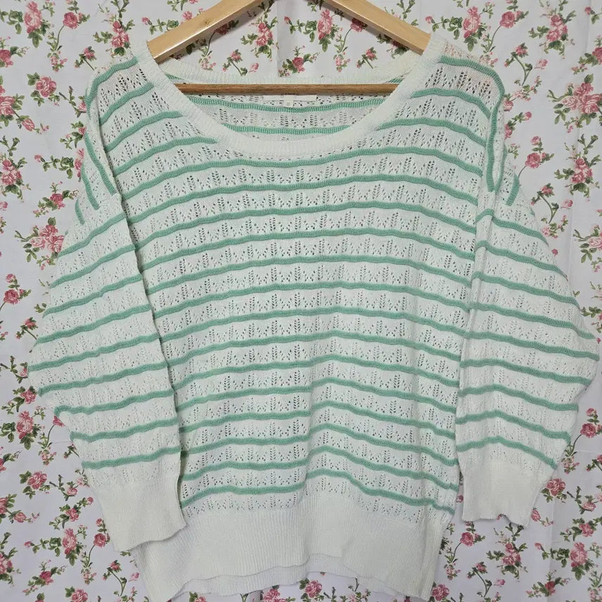 [BUNJANG] Mori Girl Mint Striped Oversized Knit Sweater / [일본] 모리걸 민트 단가라 오버니트