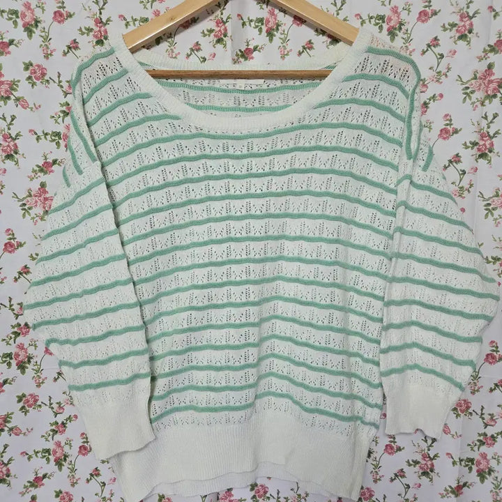 [BUNJANG] Mori Girl Mint Striped Oversized Knit Sweater / [일본] 모리걸 민트 단가라 오버니트