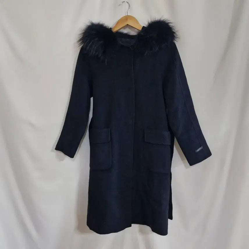 [BUNJANG] &amp;more Hooded Fur Long Coat Navy / &amp;more 후드 퍼 롱 코트 네이비