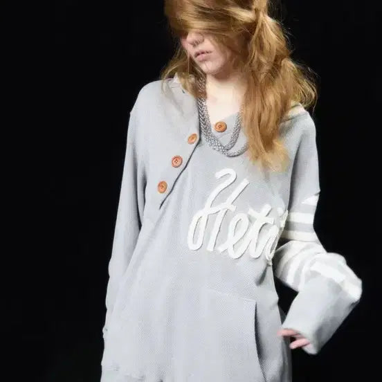 [BUNJANG] Hetit Big Button Waffle Stripe Hoodie (Light Gray) / 헤티 Hetit 빅 버튼 와플 스트라이프 후디 (라이트그레이)