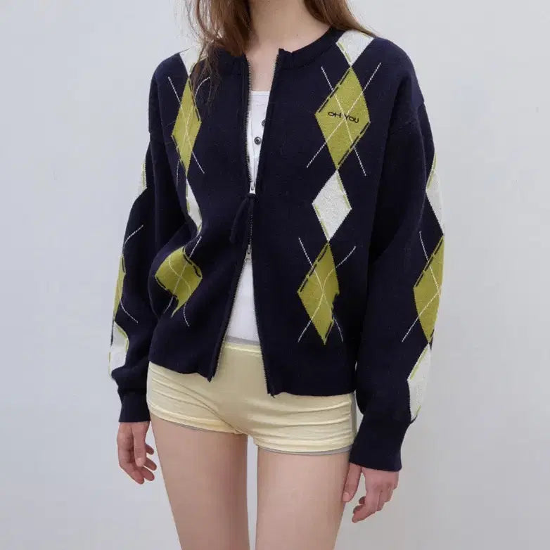 [BUNJANG] TheOyu Argyle Stitch Knit Zip-up / 더오유 아가일 스티치 니트 집업