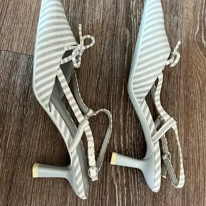 [BUNJANG] Charles &amp; Keith Ribbon Stripe Slingback Heels / 찰스앤키스 리본 스트라이프 힐 슬링백225 6cm