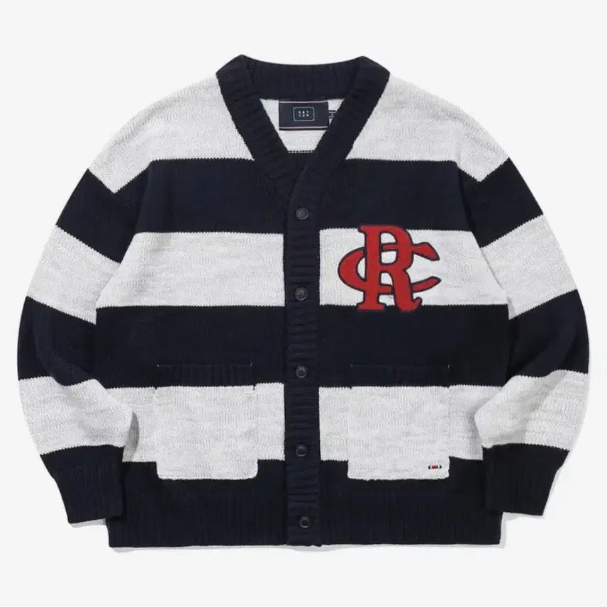 [BUNJANG] Romantic Crown Athletic Logo Stripe Knit Cardigan / 로맨틱크라운 애슬레틱 로고 스트라이프 니트 가디건