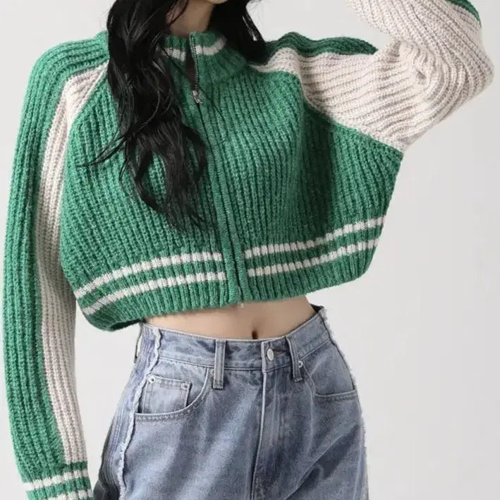 [BUNJANG] AVANDRESS Block Raglan Knit Zipper Up Green / 어반드레스(AVANDRESS)블록 래글런 니트 지퍼업 그린