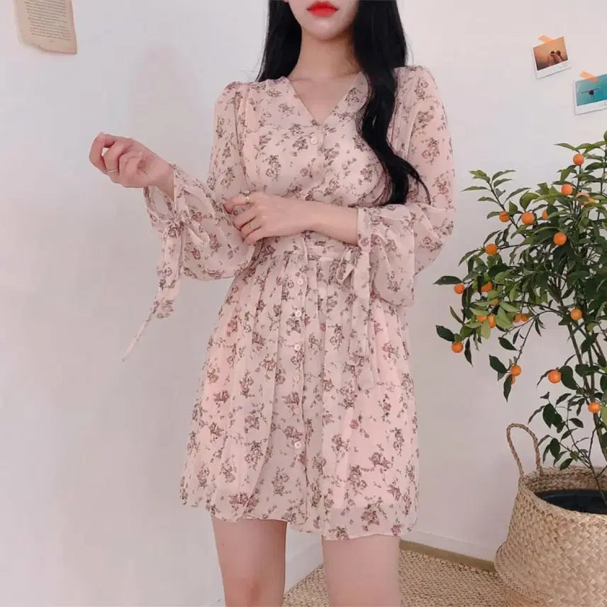 [BUNJANG] Aloha Closet Dear May Floral Chiffon Dress - Pink / 알로하클로젯 제작 디어메이 플라워 쉬폰 원피스 핑크 새상품