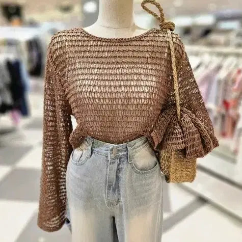 [BUNJANG] Ifne Brown Punching Knit Crop Top / 니트 크롭 긴팔 브라운 펀칭 탑
