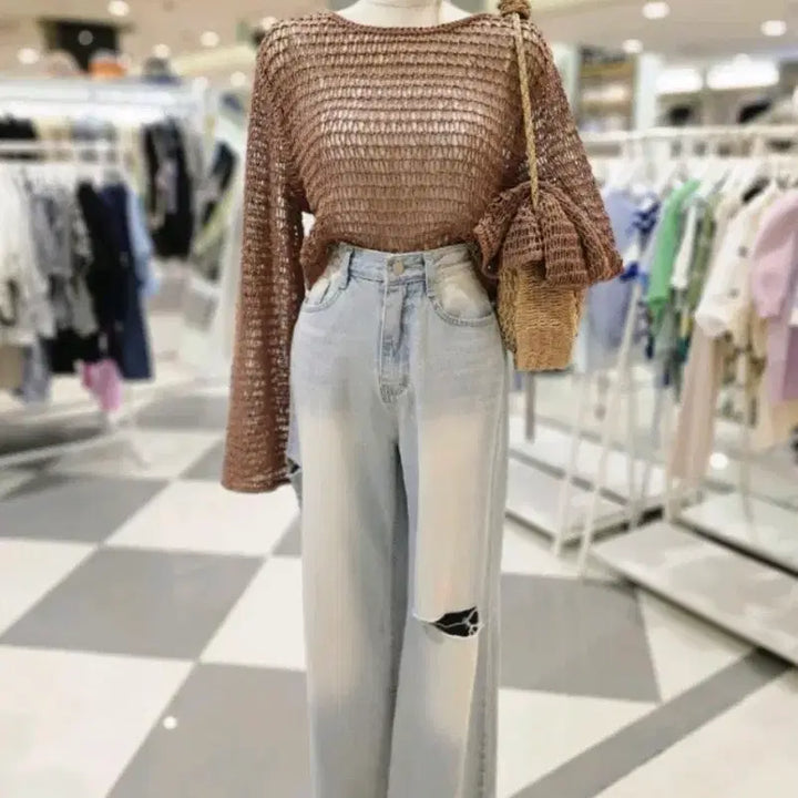 [BUNJANG] Ifne Brown Punching Knit Crop Top / 니트 크롭 긴팔 브라운 펀칭 탑