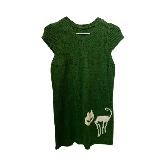 [BUNJANG] Unbranded Green Cat Graphic Knit Top / 녹색 고양이 반팔 니트