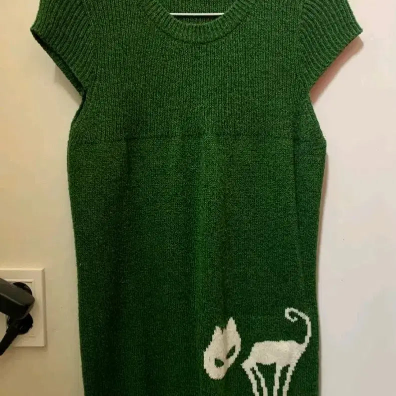 [BUNJANG] Unbranded Green Cat Graphic Knit Top / 녹색 고양이 반팔 니트