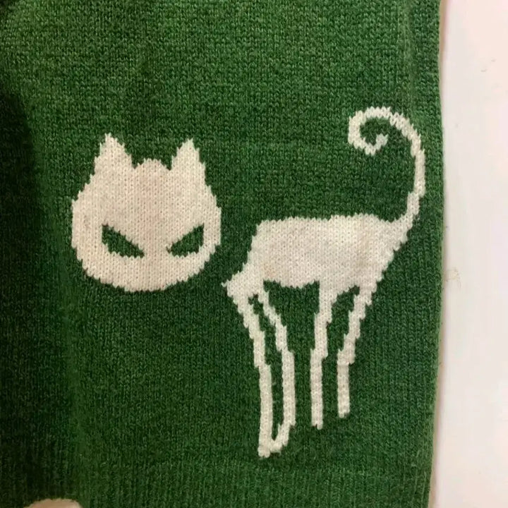 [BUNJANG] Unbranded Green Cat Graphic Knit Top / 녹색 고양이 반팔 니트