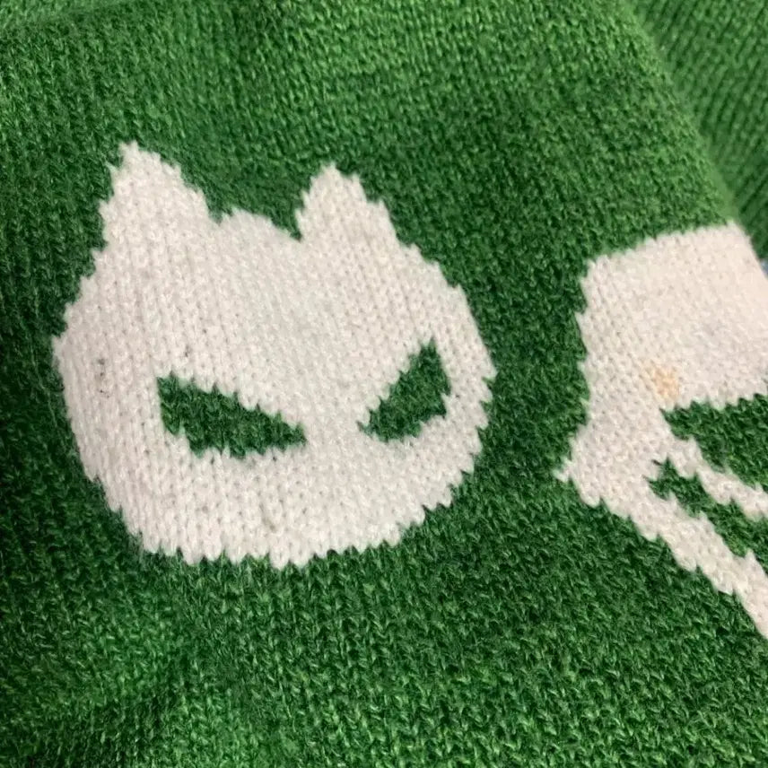 [BUNJANG] Unbranded Green Cat Graphic Knit Top / 녹색 고양이 반팔 니트