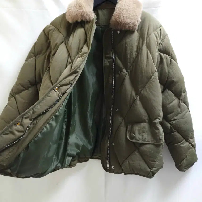 [BUNJANG] Khaki Quilted Fur Collar Padded Jacket / 카키 퀼팅 퍼 카라 패딩 자켓