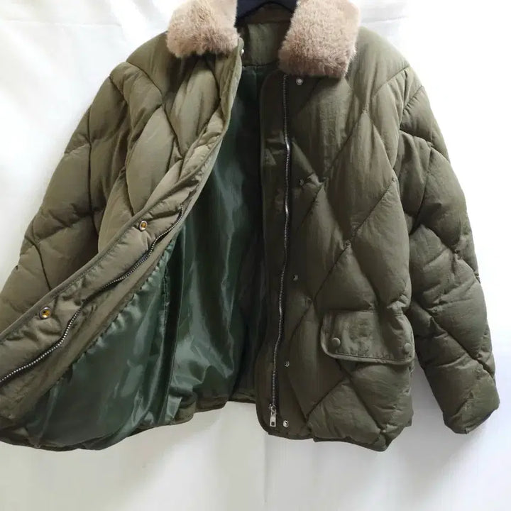 [BUNJANG] Khaki Quilted Fur Collar Padded Jacket / 카키 퀼팅 퍼 카라 패딩 자켓