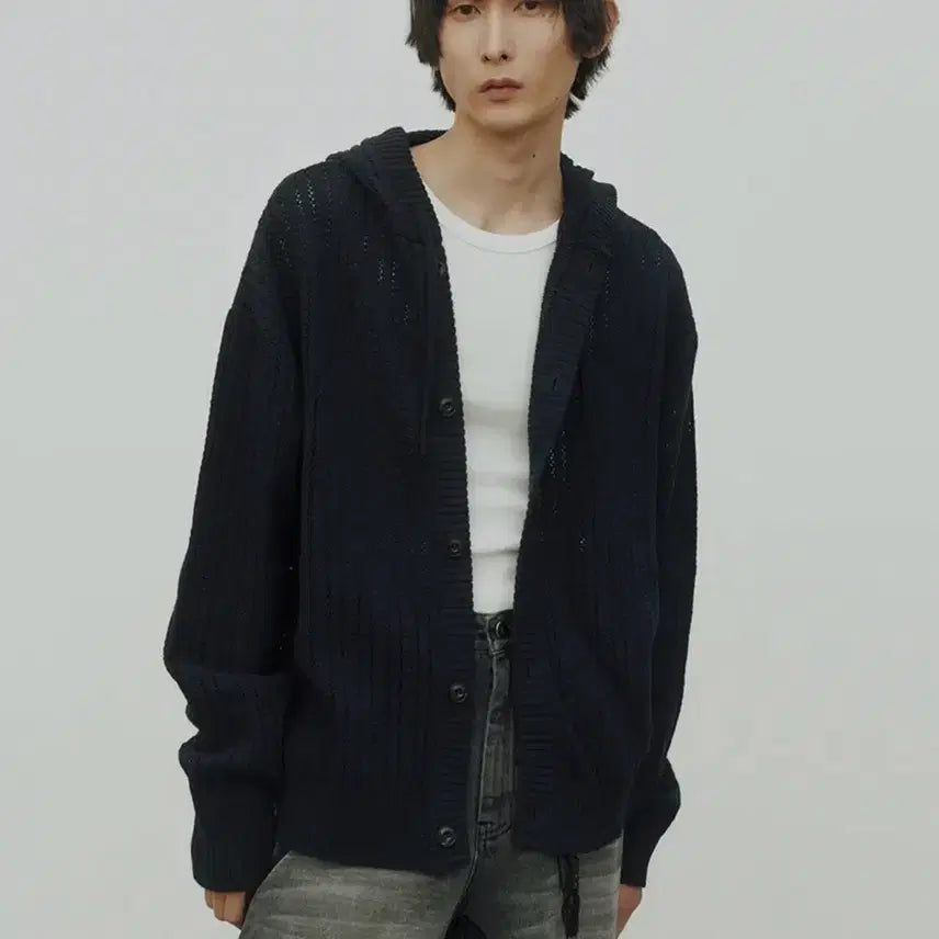 [SOLD OUT] [48] 노이어 코튼 매쉬 후드 니트 자켓 네이비