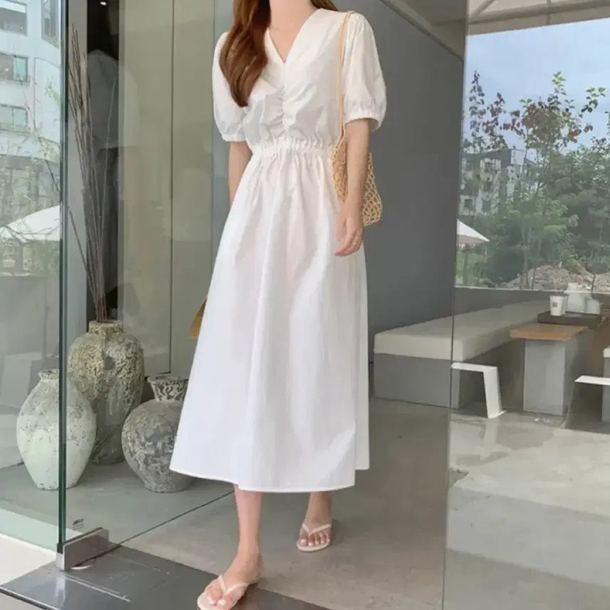[BUNJANG] Shirring Puff Long Dress / 셔링 퍼프 롱원피스