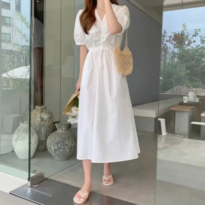 [BUNJANG] Shirring Puff Long Dress / 셔링 퍼프 롱원피스